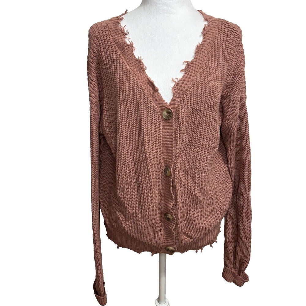 Moon & Madison Anthropologie Cardigan Sweater Pink Distressed Chunky Cotton M